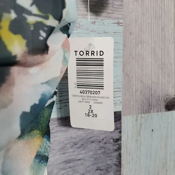 Torrid Sz 2 2X Stretch Mesh Crew Neck Ruched Top Multi Floral Gathered NWT 325 - Picture 6 of 10